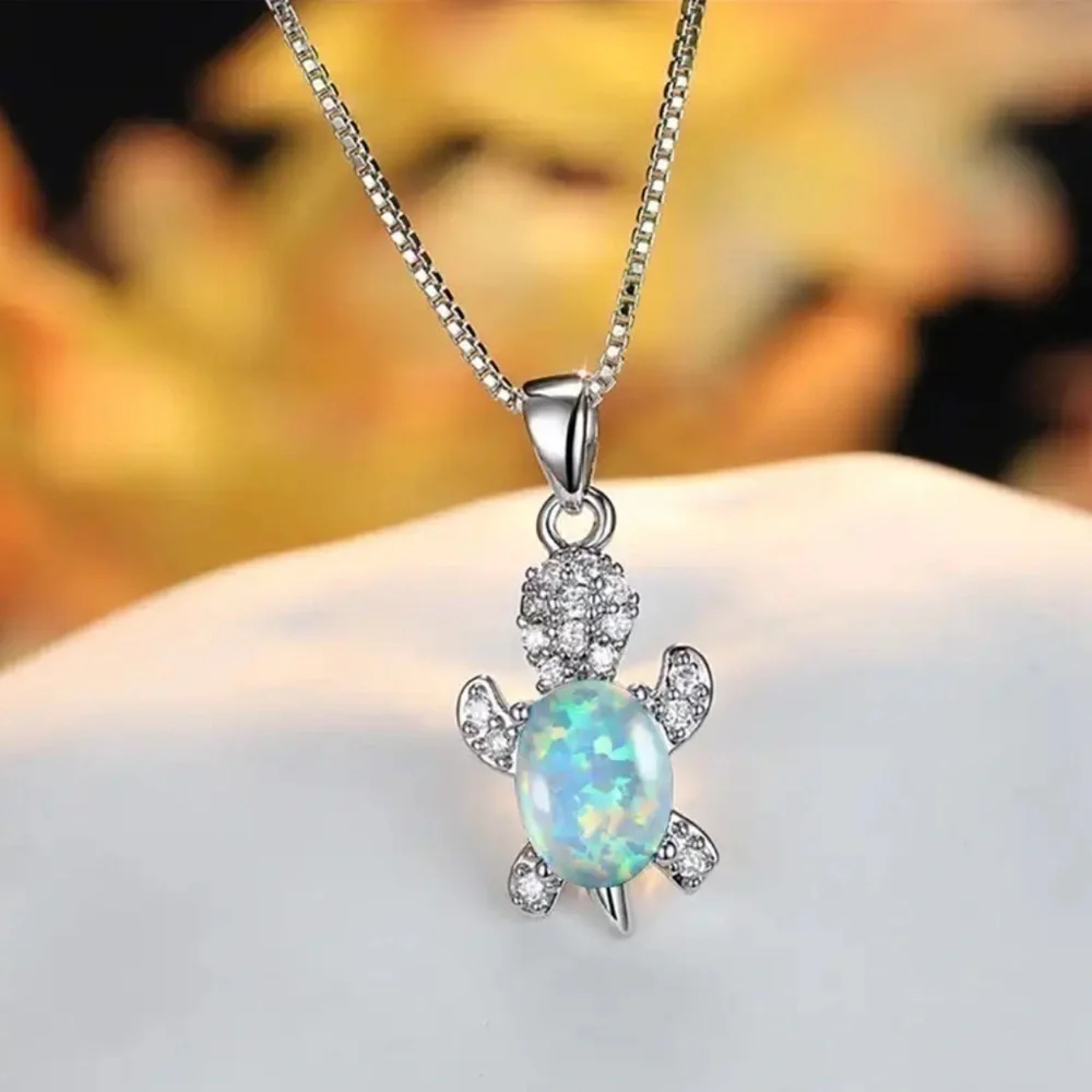 “Just Keep Swimming” White Opal Jewel Turtle Ocean Sterling Silver Gift Necklace - Picture 1 of 12